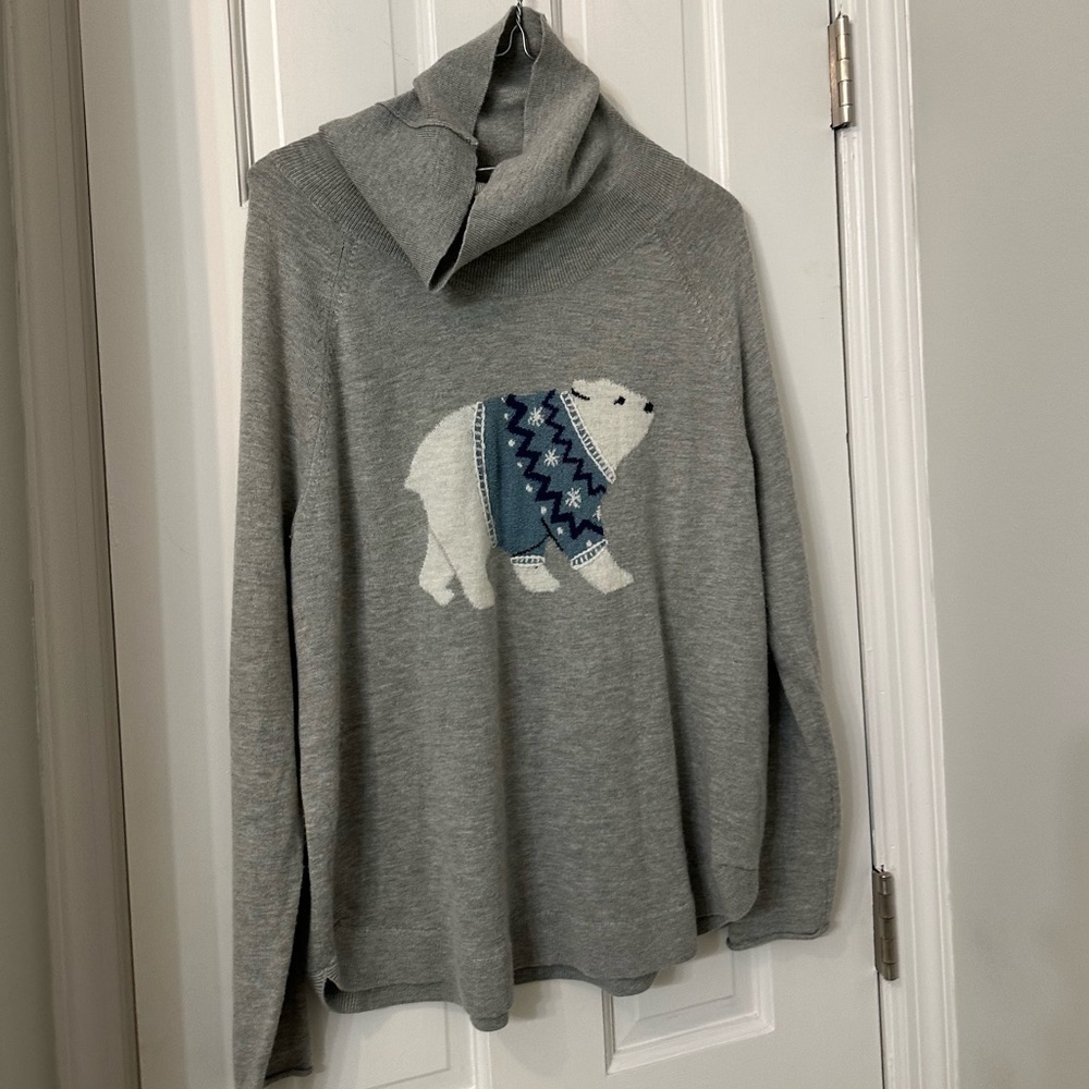 J Jill small petite polar bear sweater gray blue white wool aplaca wool cotton